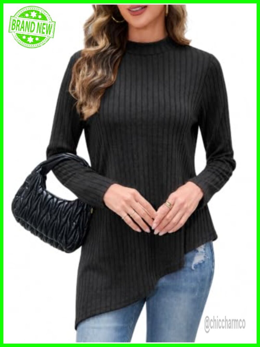 Ribbed Mock Turtleneck Long Sleeve Tunic Top Asymmetric Hem